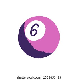 Snooker, pool billiards icon. Ball with number six for cue sport. Athletic inventory, equipment with round shape to play game. Pink sphere with 6. Flat isolated vector illustration on white background