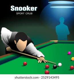 Snooker poster design of color balls on green table. Vector snooker sport game