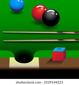 Snooker poster design of color balls on green table. Vector snooker sport game.