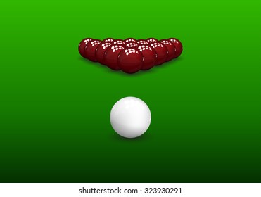 Snooker rack, shiny balls on green background. Vector illustration.