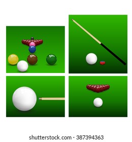 Snooker set on green background. Vector illustration.