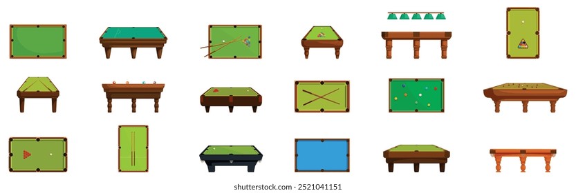 Conjunto de ícones da tabela Snooker. Grande conjunto de mesas de bilhar ou snooker com pano verde em diferentes posições mostrando vista superior e vista lateral