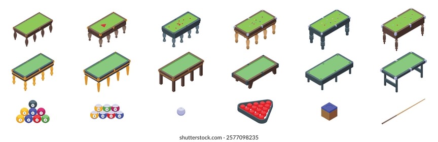 Snooker table icons set. Isometric billiard table set with balls, cue, and chalk, perfect for game, sport, and entertainment concepts