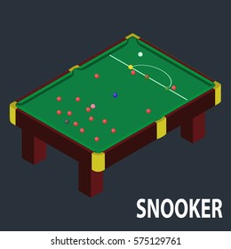 Snooker table in isometric style. 3d billiard table.   Isometric view for website. Billiard table with balls. World snooker championship. 