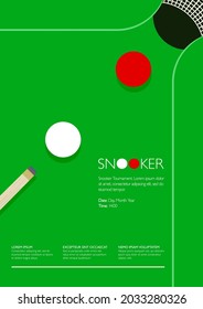 Snooker Tournament Competition Portrait Poster. White and Red Balls, Snooker Cue, Green Table Background. Shot lined up for potting over the pocket. Shadow. Close up. Retro style - Vector 