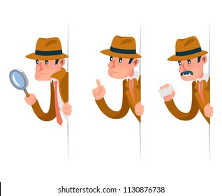 Snoop detective magnifying glass tec peeking out corner search help noir cartoon design character isolated set vector illustration