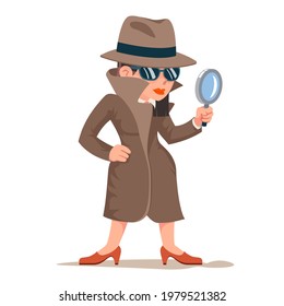 Snoop detective woman tec search evidence pursuit criminal follow the trail design female character vector illustration