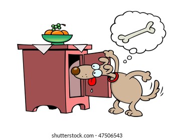 A snooping toon dog looking for bones in a cupboard