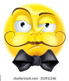 A snooty arrogant condescending looking  emoji emoticon smiley face character with a bow tie and raised eyebrow