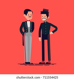 Snooty Hotel Concierge And Friendly Porter. Cool Vector Flat Character Design On Hotel Staff Members In Classic Uniforms