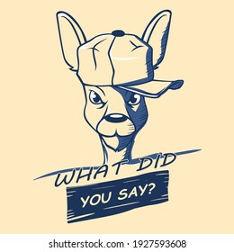 Snooty Kangaroo In Baseball Cap Clipart. Angry Animal Face In Cap Asks What Did You Said Ready Fight Australian Vector Character.