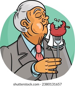 Un hombre de negocios insensible y desconectado come una manzana de la única manera que sabe... con tenedor y servilleta.