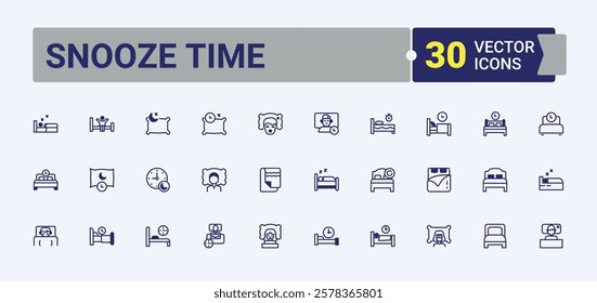 Snooze Time icons set in linear style. Icons pillow, dream, dreamlike, Bed, star, clock, table, lifestyles, window. Icons for UI. Solid line editable stroke. Vector line and solid icons.