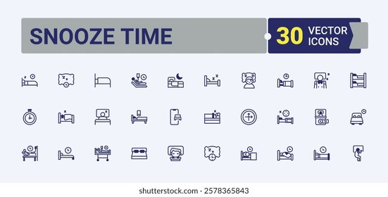 Snooze Time icons set in linear style. Icons pillow, dream, dreamlike, Bed, star, clock, table, lifestyles, window. Icons for UI. Solid line editable stroke. Vector line and solid icons.