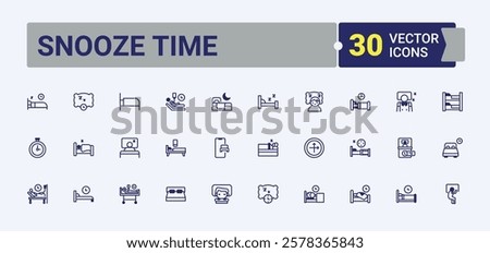 Snooze Time icons set in linear style. Icons pillow, dream, dreamlike, Bed, star, clock, table, lifestyles, window. Icons for UI. Solid line editable stroke. Vector line and solid icons.