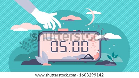 Snooze vector illustration. Work or sleep postpone in flat tiny persons concept. Alarm timer with nap button on clock. Morning alert and business work cancellation lifestyle as lazy employee routine.