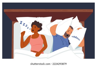 Enfermedad de las roncas, Trastorno de la salud respiratoria, Concepto de fastidio. Carácter masculino sufre de esposa roncando orejas con almohadas, pareja en cama. Ilustración de vectores de personas de caricatura