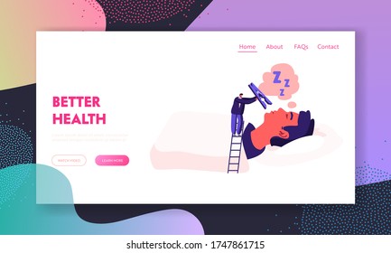 Snore Disease Landing Page Template. .Tiny Male Character Stand on Ladder Put Huge Pin on Nose Snoring Man Lying in Bed with Open Mouth. Breathing Health Disorder. Cartoon People Vector Illustration