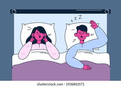 Snore, insomnia, bad sleep concept. Annoyed stressed young woman cartoon character suffering from insomnia because of snoring man in bed and covering ears with pillow vector illustration, top view 