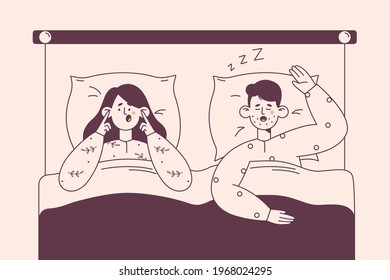 Snore, insomnia, bad sleep concept. Annoyed stressed young woman cartoon character suffering from insomnia because of snoring man in bed and covering ears with pillow vector illustration, top view 