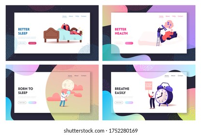 Vorlagensatz für Landing-Page-Schnürsenkel Winzige Charaktere schlafen im Bett und leiden an Schnarchen, wütende Awake Man Hört Schnarchen von Ehefrau, Schlafapnea-Syndrom Behandlung. Vektorgrafik von Cartoon People