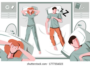 Snore sleep apnea flat composition with view of bedroom and annoyed woman next to snoring man vector illustration