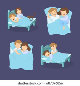 Snoring couples set. Man and woman suffers from snore.