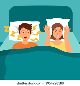 Snoring husband annoying wife with loud noise in bedroom vector illustration. Snore health problem.