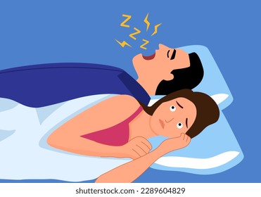 Snoring husband annoying wife with loud noise in bedroom vector illustration. Snore health problem.