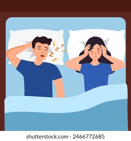 Snoring husband annoying wife with loud noise in bedroom vector illustration. Snore health problem.