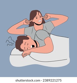 Snoring, insomnia, bad sleep concept. Annoyed stressed young woman cartoon character suffering from insomnia because of snoring man in bed and covering ears with pillow vector illustration.