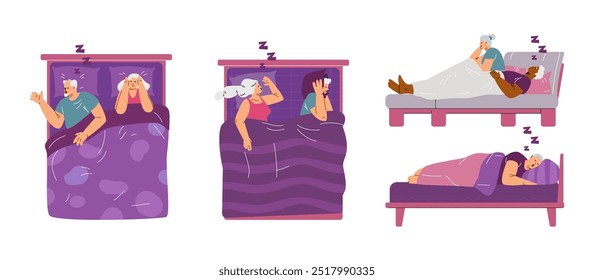 Ronco, insônia, conceito de sono ruim. Casais jovens e idosos na cama à noite. Conjunto de ilustrações planas vetoriais. Desenhista sofrendo de insônia por causa de marido ou mulher roncando, cobrindo as orelhas