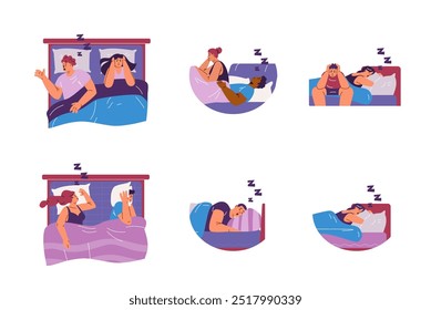 Ronquidos, insomnio, mal concepto de sueño. Pareja en la cama por la noche. Caricatura de una persona molesta que sufre de insomnio a causa de roncar marido o mujer. Conjunto de ilustraciones planas de Vector