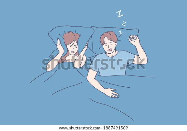 Snoring, insomnia, bad sleep concept. Annoyed stressed\
young woman cartoon character suffering from insomnia because of\
snoring man in bed and covering ears with pillow vector\
illustration, top view\
