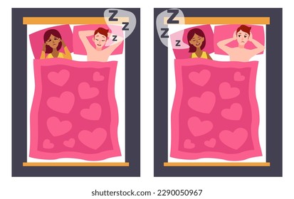 Snoring, insomnia, poor sleep, irritable men and women lying in bed. Sleepless tired suffering character. Family couple bedroom top view. Cartoon flat illustration. Vector concept