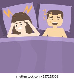 Snoring Man In Bed With Angry Awaken Woman. Sleeping Problems. Unhealthy Lifestyle.