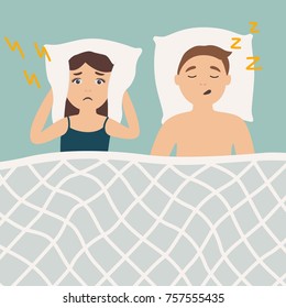 Snoring man in bed with angry awaken woman. Sleeping problems. Unhealthy lifestyle.