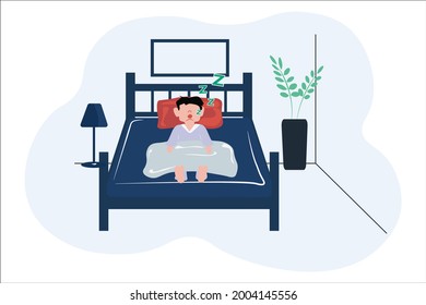 Snoring man in bed. vector illustration. bad sleep concept