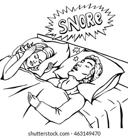 Snoring man in bed with the woman covering ears with the pillow from snore noise, line art retro comics sketch.