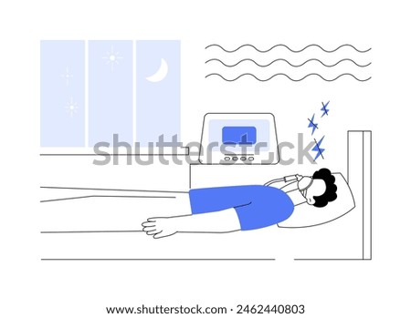 Snoring treatment abstract concept vector illustration. Man uses snoring remedies, medical sleep disorder treatment, obstructive sleep apnea, continuous positive airway pressure abstract metaphor.