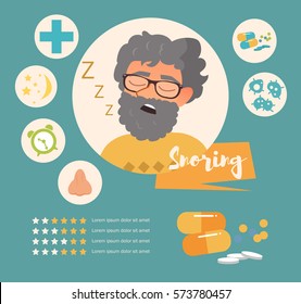 Snoring. Vector art. Cartoon. Isolated. Flat. Illustration for websites, brochures, magazines. Medicine. Infographics