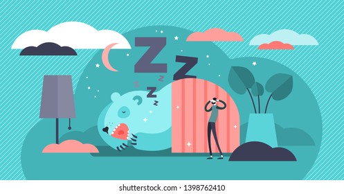 Snoring Vector Illustration. Flat Tiny Loud Sleeping Noise Persons Concept. Nasal Respiratory Problem And Relaxation Disorder. Abstract Disturbing And Annoying Wheezing. Funny Asleep Somnology Patient