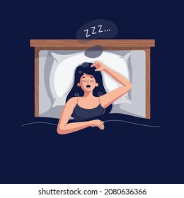 Snoring vector illustration. Woman lying in the bed, snores loudly with open mouth while deep sleep. Female person catching some zzz's. Sleep apnea, snoring, fast asleep concept for web. Flat design