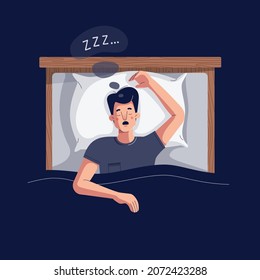 Snoring vector illustration. Young man lying in the bed, snores loudly with open mouth while deep sleep. Male person catching some zzz's. Sleep apnea, snoring, fast asleep concept for web. Flat design