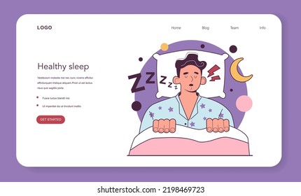 Snoring Web Banner Or Landing Page. Male Character Lying In The Bed, Snoring Loudly With Open Mouth While Sleep. Sleep Apnea, Snoring Syndrome Treatment. Flat Vector Illustration