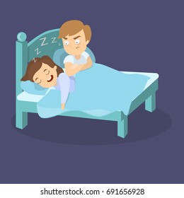 Snoring Wife In Bed With Husband Asleep And Angry.