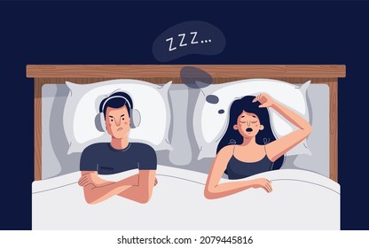 Ilustración vectorial de la mujer ronronadora. El marido sufre de insomnio debido a las ronquidas de la esposa. El hombre no puede dormir, cubre los oídos del ronquido. Apnea del sueño, concepto de enfermedad respiratoria para la web. Diseño plano