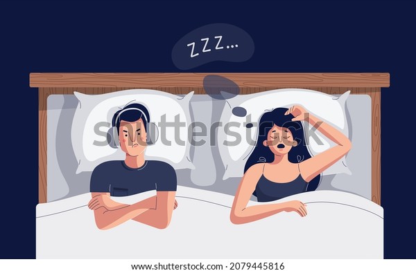 Snoring woman vector illustration. Husband suffers\
insomnia because of wife snores loudly. Man can\'t sleep, covers\
ears from snoring noise. Sleep apnea, breathing disease concept for\
web. Flat design
