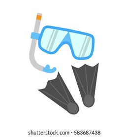 Snorkel, flippers isolated on white background. Blue diving mask, snorkel and pair of grey flippers. Fins, scuba mask and tube. Diving equipment objects. Underwater swimming. Vector