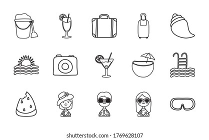 snorkel goggles and Summer icon set over white background, line style, vector illustration